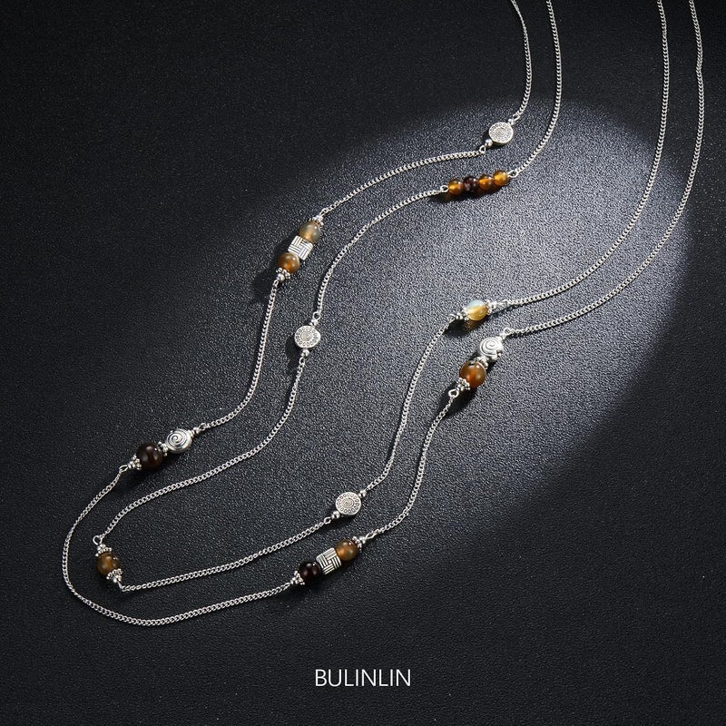 BULINLIN Layered Silver Long Necklace for Women Turquoise Stone Beaded Strand Sweater Chain Necklaces Fashion Costume Jewelry Gifts for Mom - Image 1